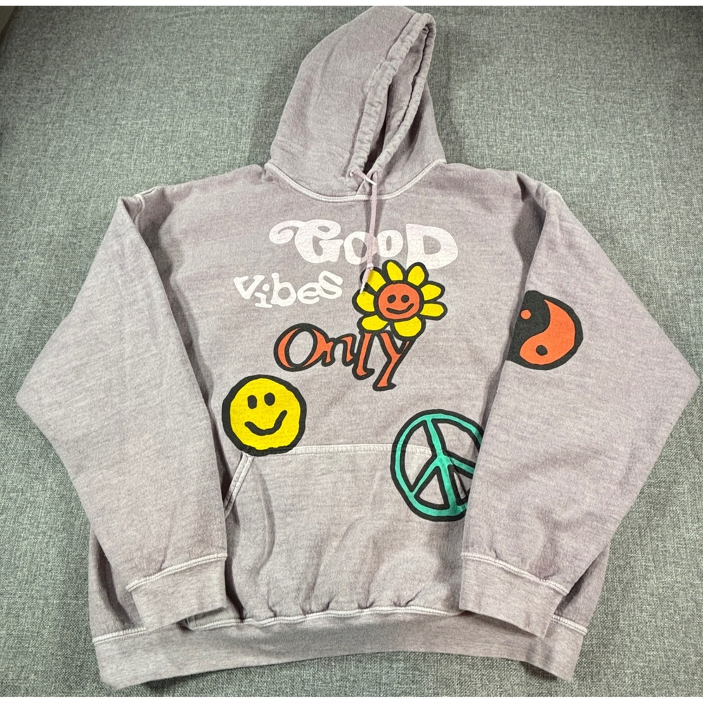 PacSun Women Good Vibes Only Graphic Hoodie Large Purple Fleece Smiley Peace